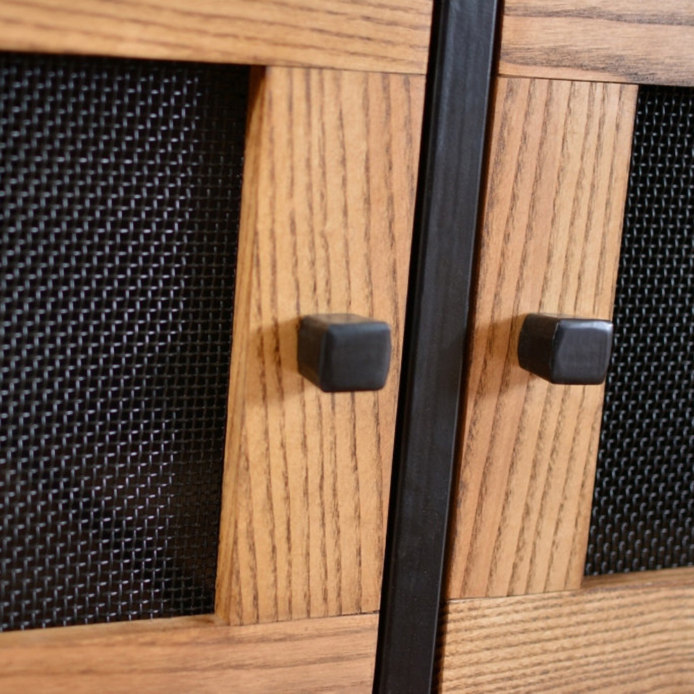 Industrial Natural TV Stand Rectangle Mesh Media Console with Storage for TVs up to 80" window image