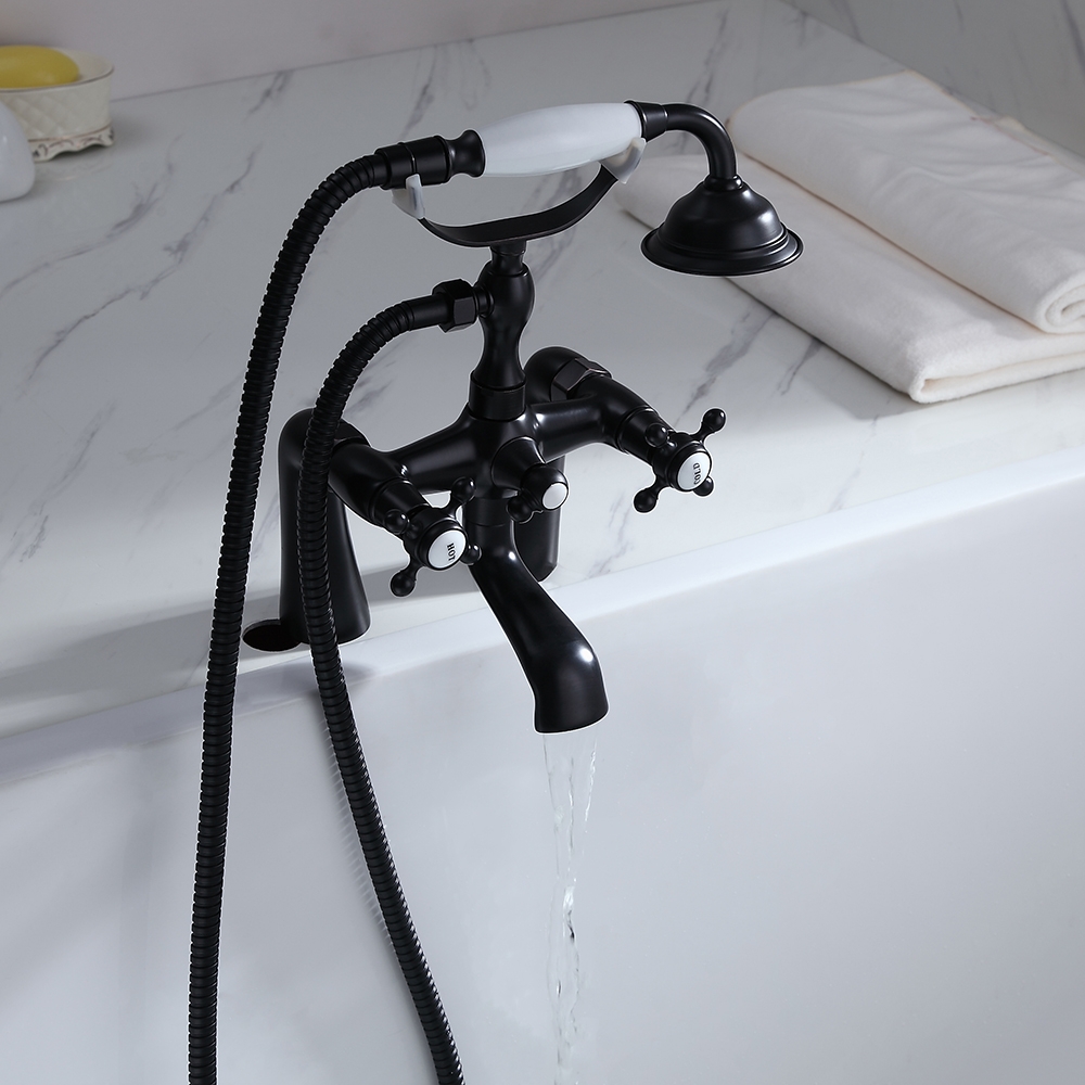 Montag Deck Mounted Waterfall Tub Filler Faucet with Hand Shower Solid Brass in Antique Black window image