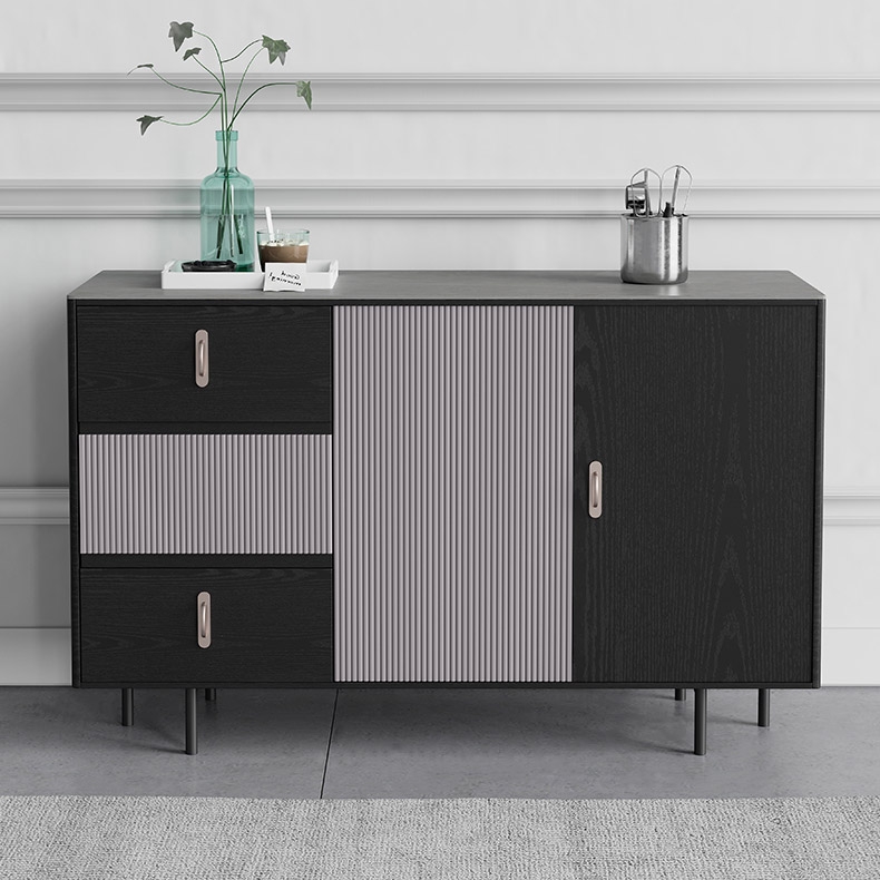 Zwart dressoir buffetkast met 3 lades met plank en vouwdeur Vensterafbeelding