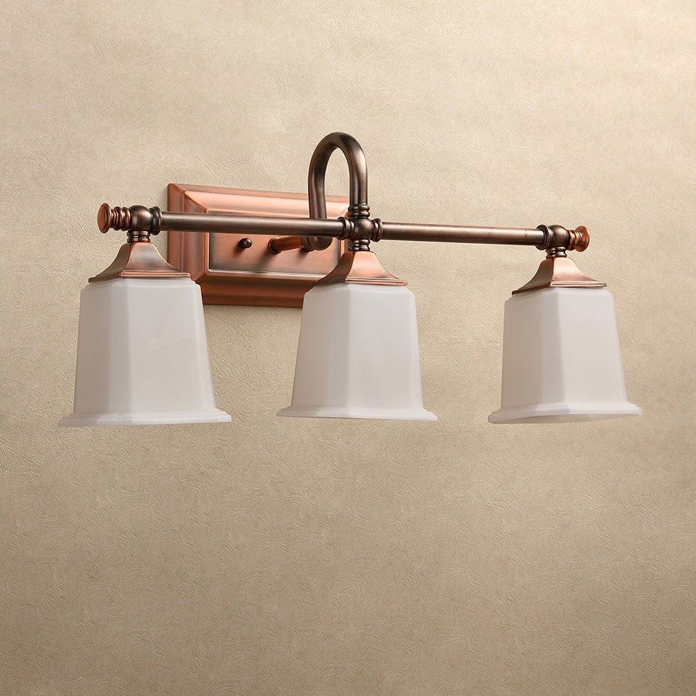 Retro Classic Antique Copper White Glass Square Shade 3-Light Indoor Lighting Bath Vanity Light window image