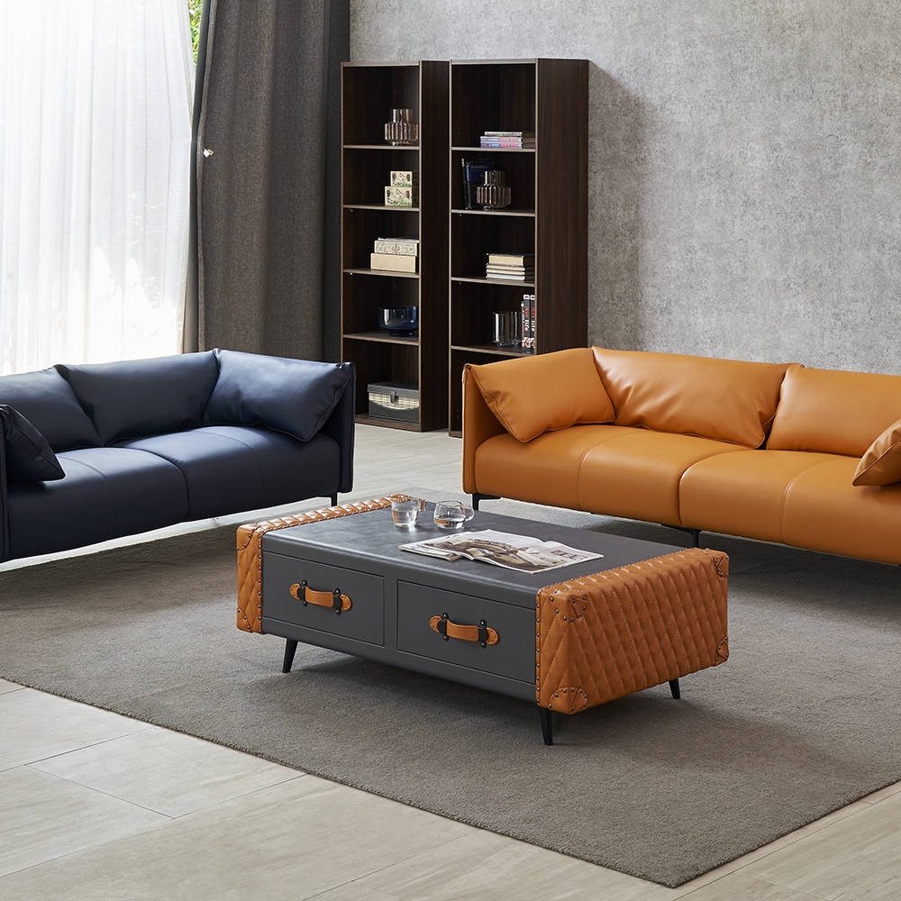 Modern Coffee Table with Drawers Rectangular Leather Accent Table window image