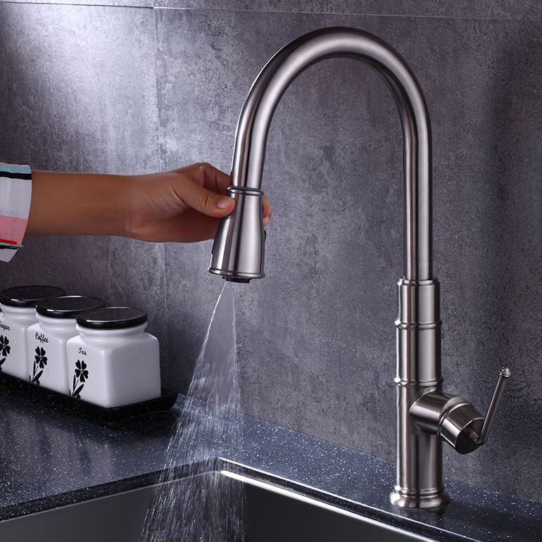 Modern Single Hole Single Handle Brass Pull Out Kitchen Faucet with 3-Function Sprayer in Brushed Nickel Finish window image