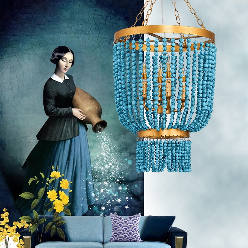 Vintage Style Blue Turquoise Bead Strands & Gold Metal 4-Light Chandelier with Candle Light window image