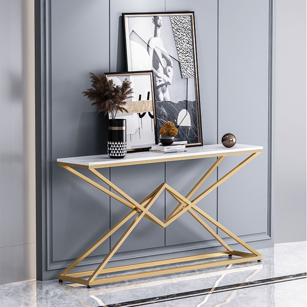 Modern White Luxury Sintered Stone Narrow Console Table Rectangular Gold Finish window image