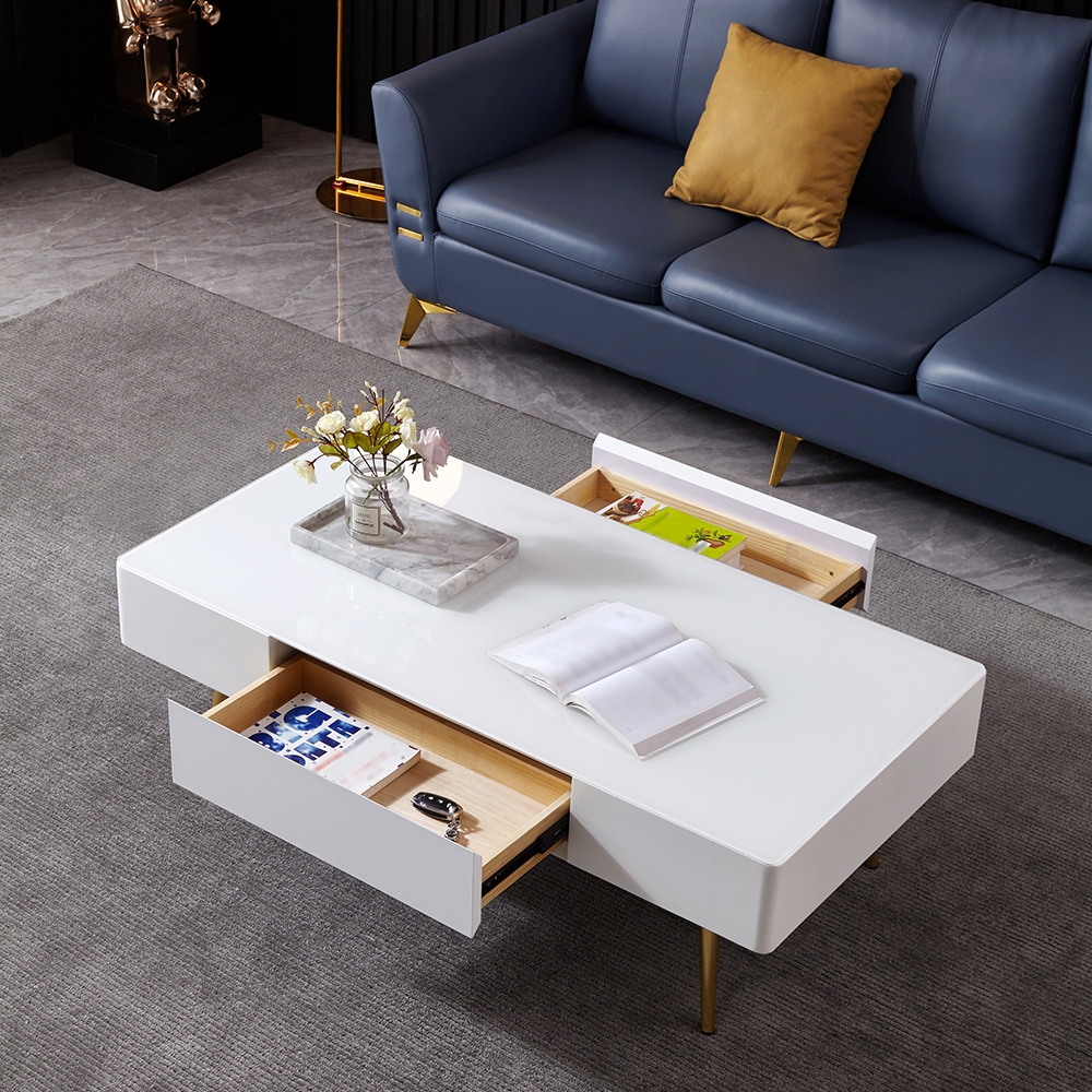 47.2" Modern White Coffee Table with Drawers Stainless Steel Legs window image