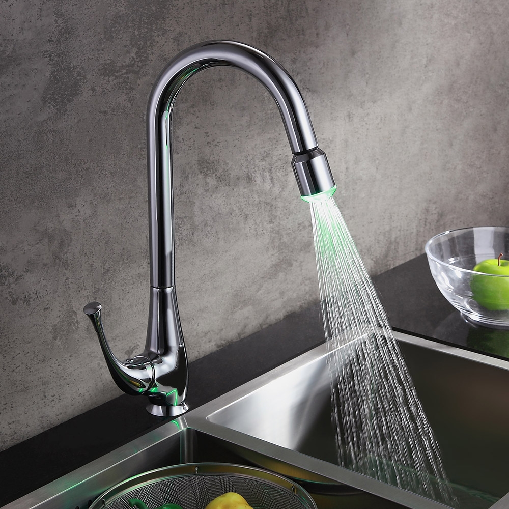 Peko LED Coloré Robinet Mitigeur de Cuisine avec Bec Pivotant Pull-down Arc Haut Levier Simple image de fenêtre