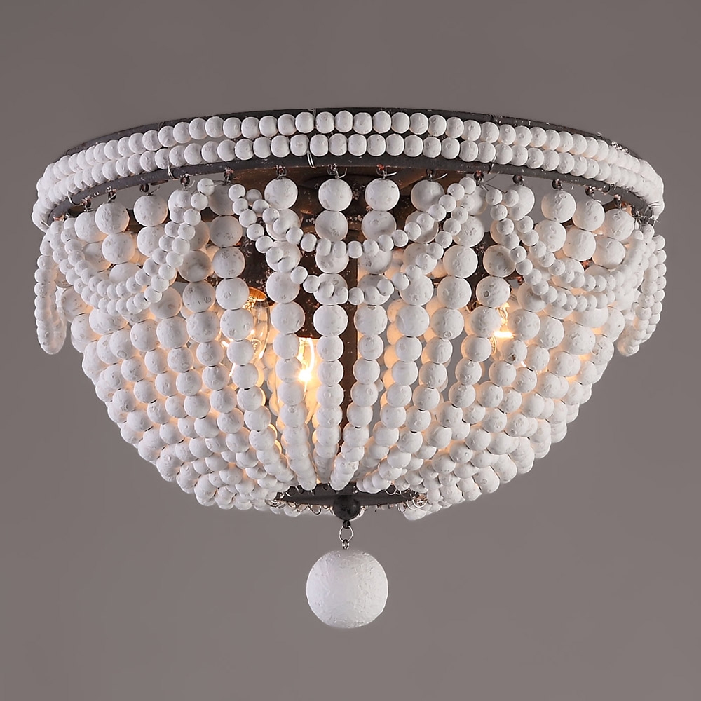 Retro Farmhouse Distressed Wood Bead 3-Light Dome Shaped Flush Mount Ceiling Light in White window image