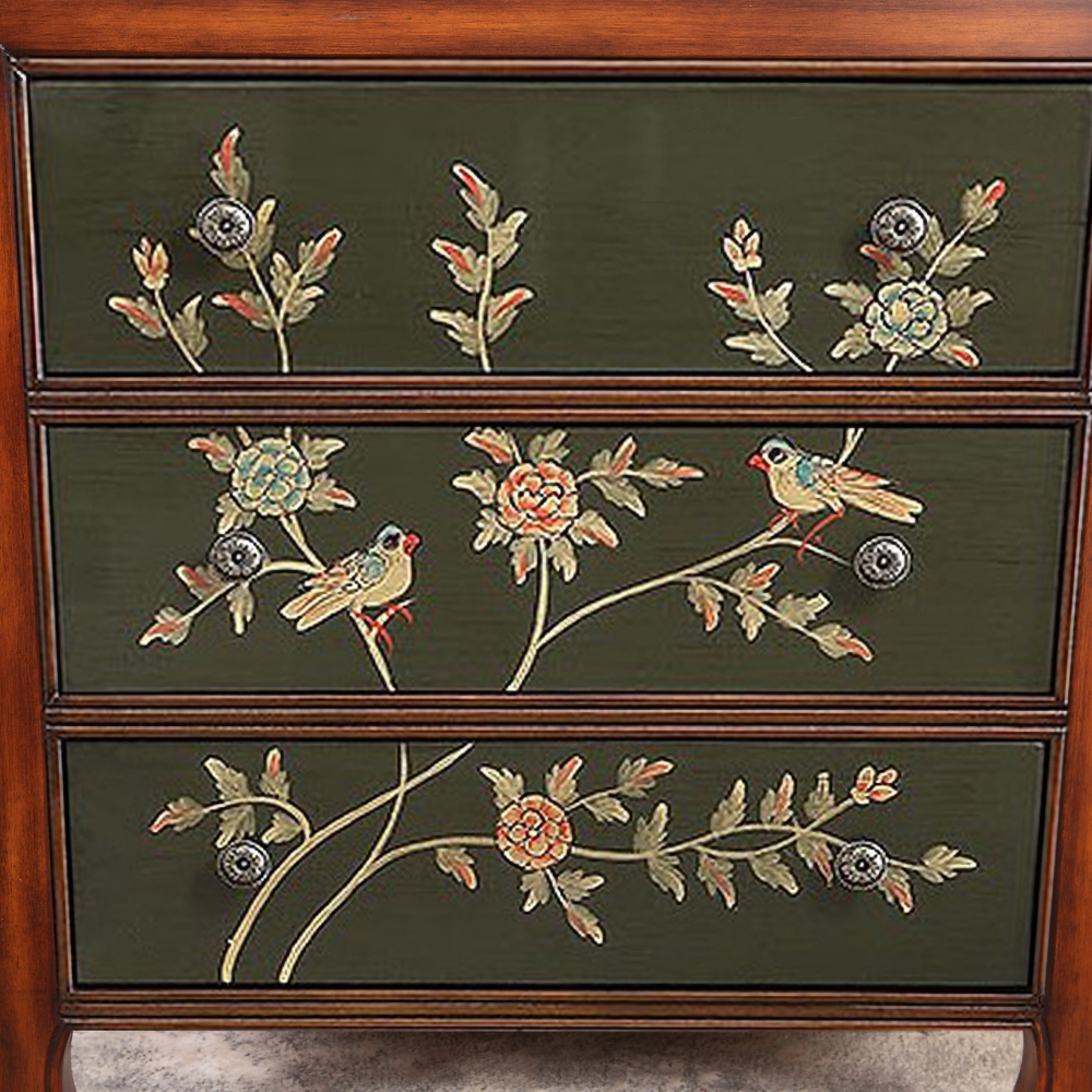 Rustic Walnut&Green Cabinet Floral Accent Chest with 3 Drawers window image
