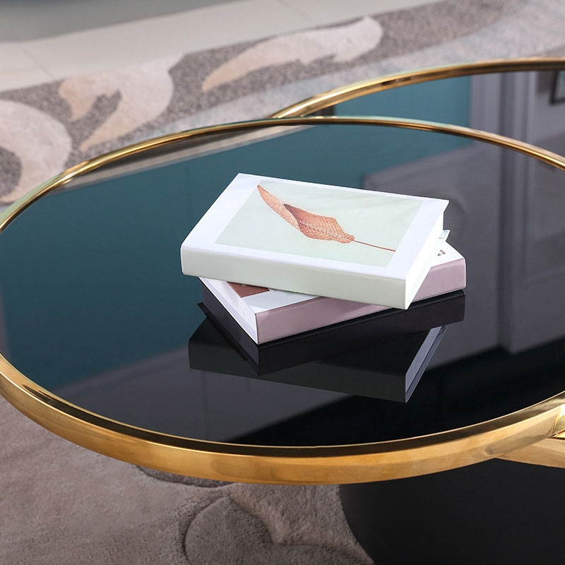 Nordic Black Tempered Glass Round Coffee Table with Stainless Steel Base in Black & Gold window image