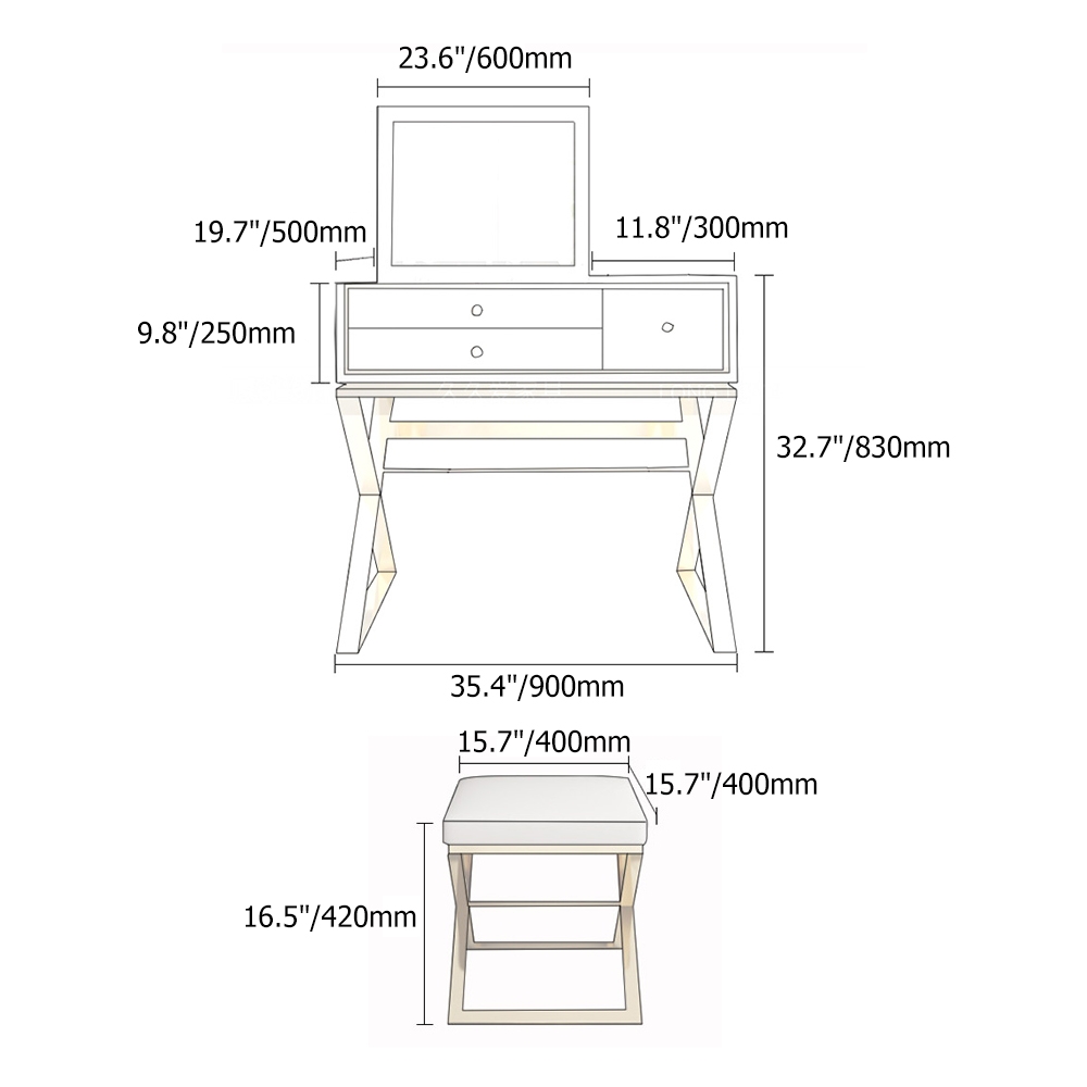 White Makeup Vanity Set Glossy Dressing Table with 2 Drawers in Gold Stool Included window image
