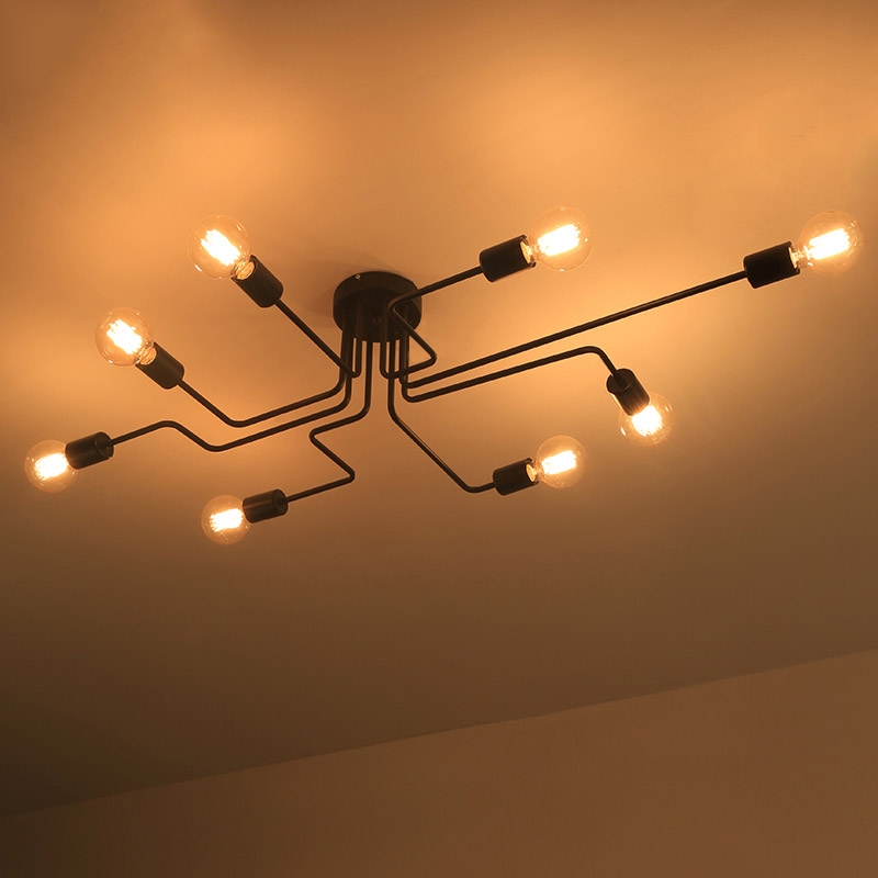 Industrial Creative Black Metal 8-Light Semi Flush Mount Ceiling Light & Exposed Globe Bulb window image
