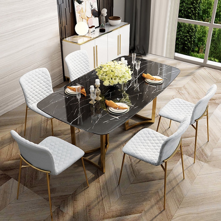 Modern 63" Rectangular Dining Table Faux Marble Top & Golden Base Black Marble Dining Table window image