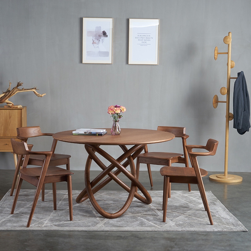 Modern Unique Design Round Solid Wood Dining Table 48" Ash Table in Walnut Finish window image