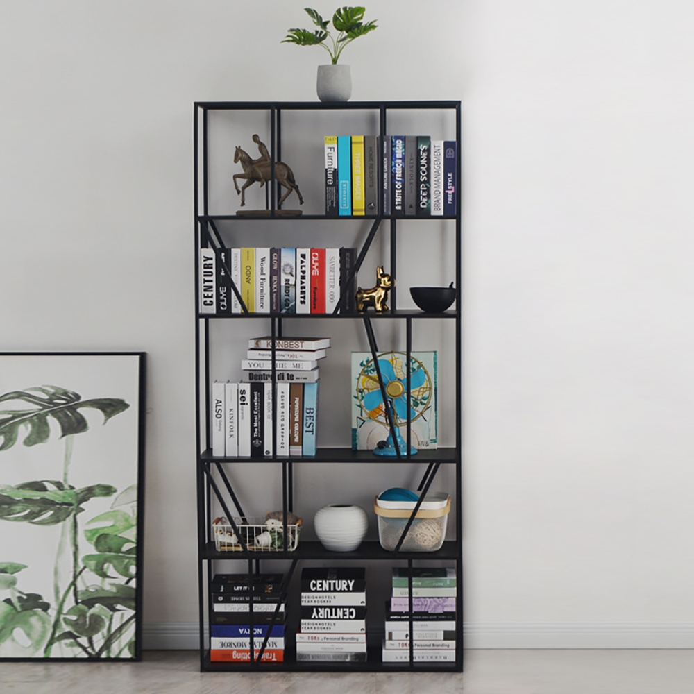 Black Modern Geometric Bookshelf Metal Shelving with 5-Tier Shelf window image