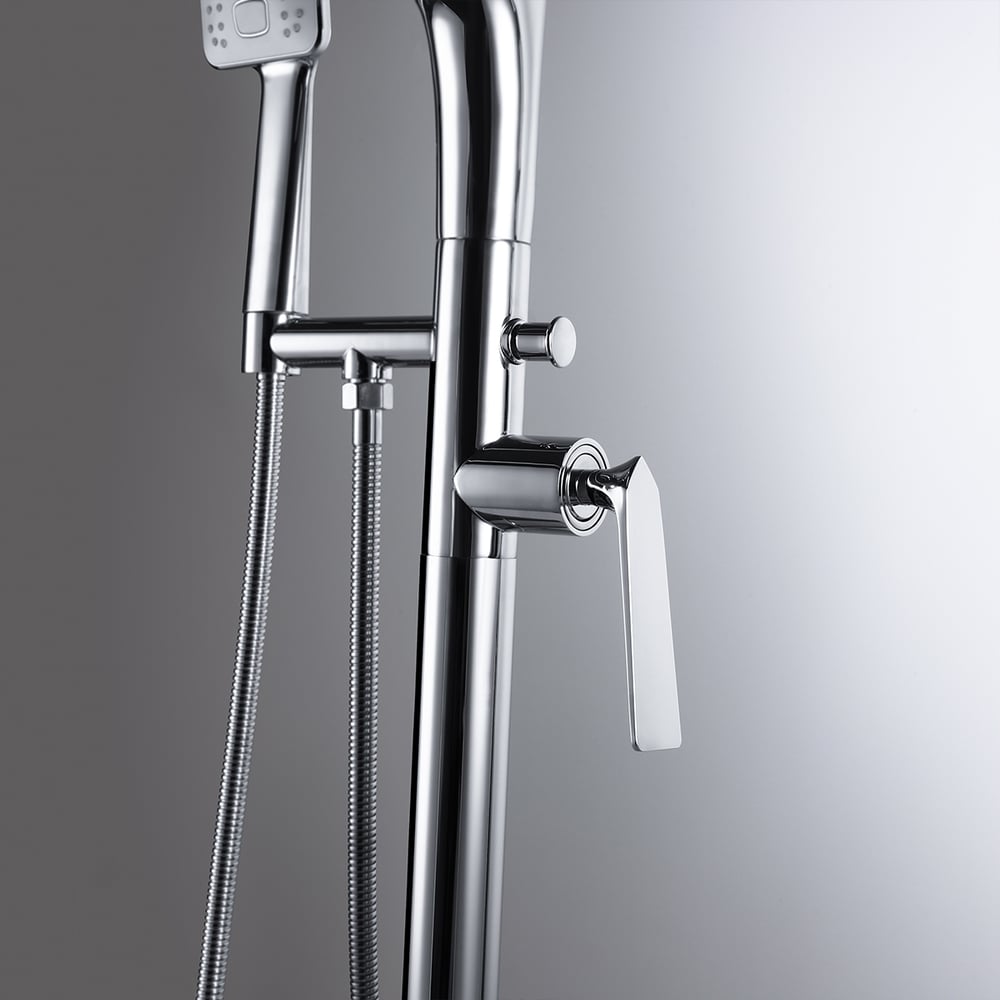 Contemporary Polished Chrome Floor Mount Tub Filler Solid Brass 1-Handle Freestanding Bathtub Faucet with Hand Shower window image