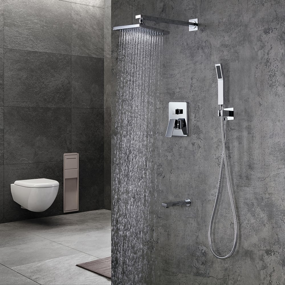 Dree Solid Brass Wall Mounted 16" Square Rainshower Handshower and Tub Spout Shower Combo Set in Polished Chrome window image