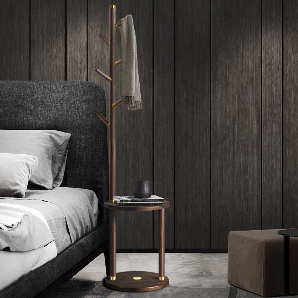 76'' Modern Black Walnut Rubber Wood Coat Rack Freestanding 6 Hooks with Round Table window image