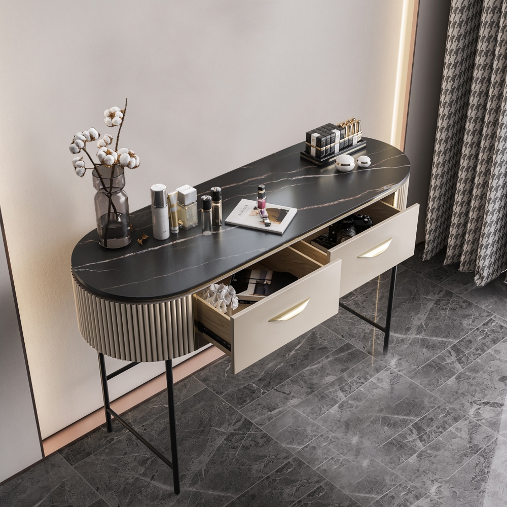 Nordic Off-White Makeup Vanity Sintered Stone Top with 2 Drawers for Storage in Black window image