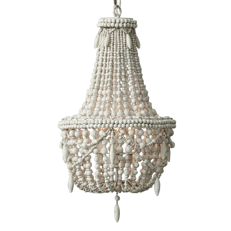 Classic Farmhouse Distressed Wood Beaded Basket 3-Light Chandelier in Antique White window image