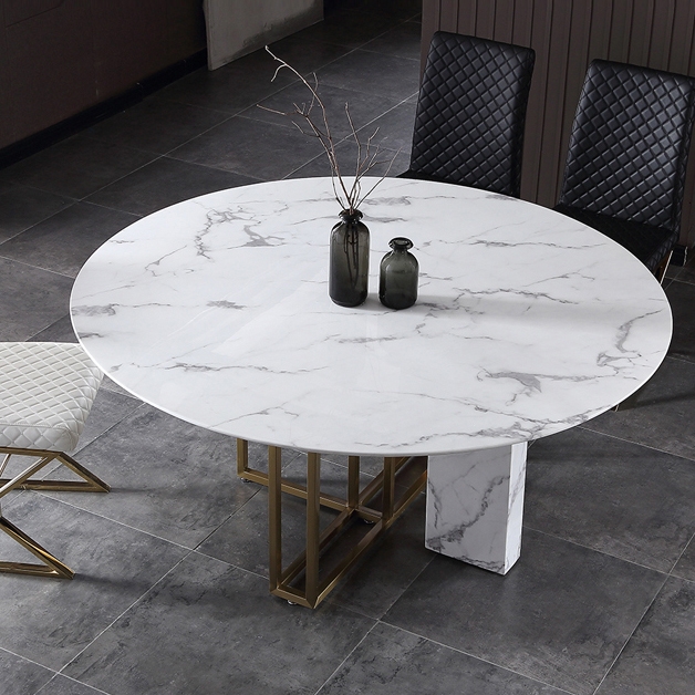 Modern Luxury 59" Round Dining Table with Faux Marble Top & Metal Base Large in Brushed Gold window image