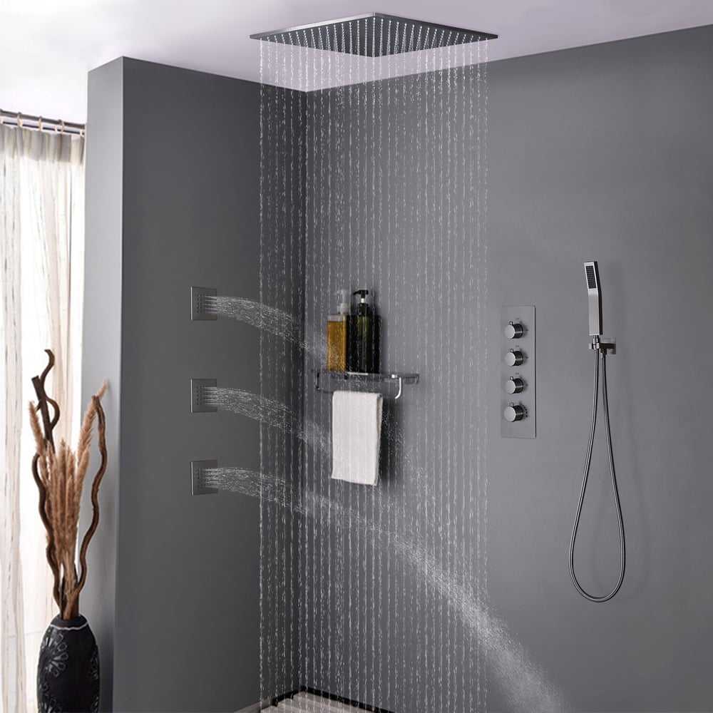 Modern Rain Thermostatic Brushed Nickel Shower Tap Flush Mount Shower System with Hand Shower & Body Jets Solid Brass window image