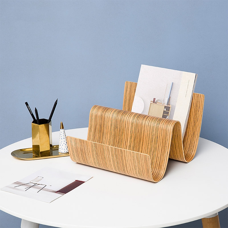 Modern Creative W Shape Freestanding Desk Organization Wooden Display Rack in Oak window image