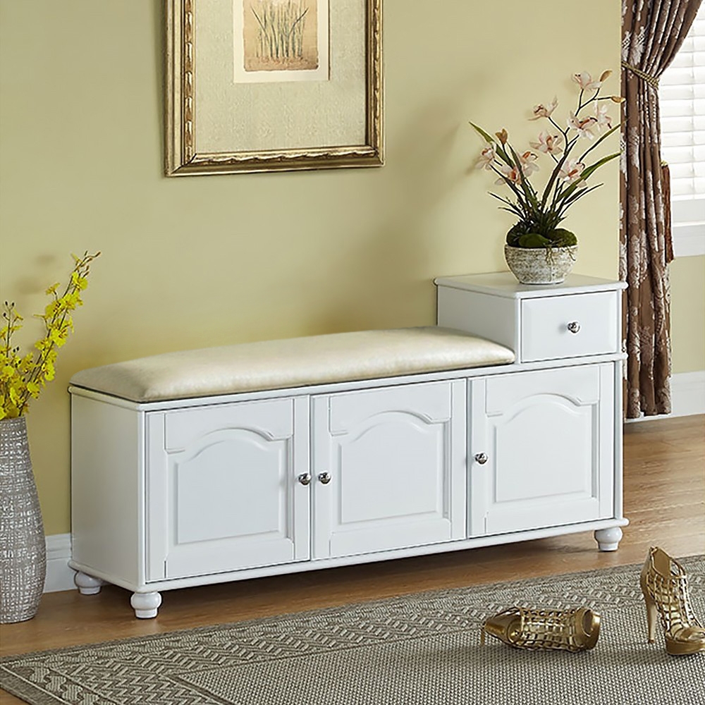1200mm White Genuine Leather Upholstered Bench with Shoe Cabinet 3-Door Shoe Organizer window image