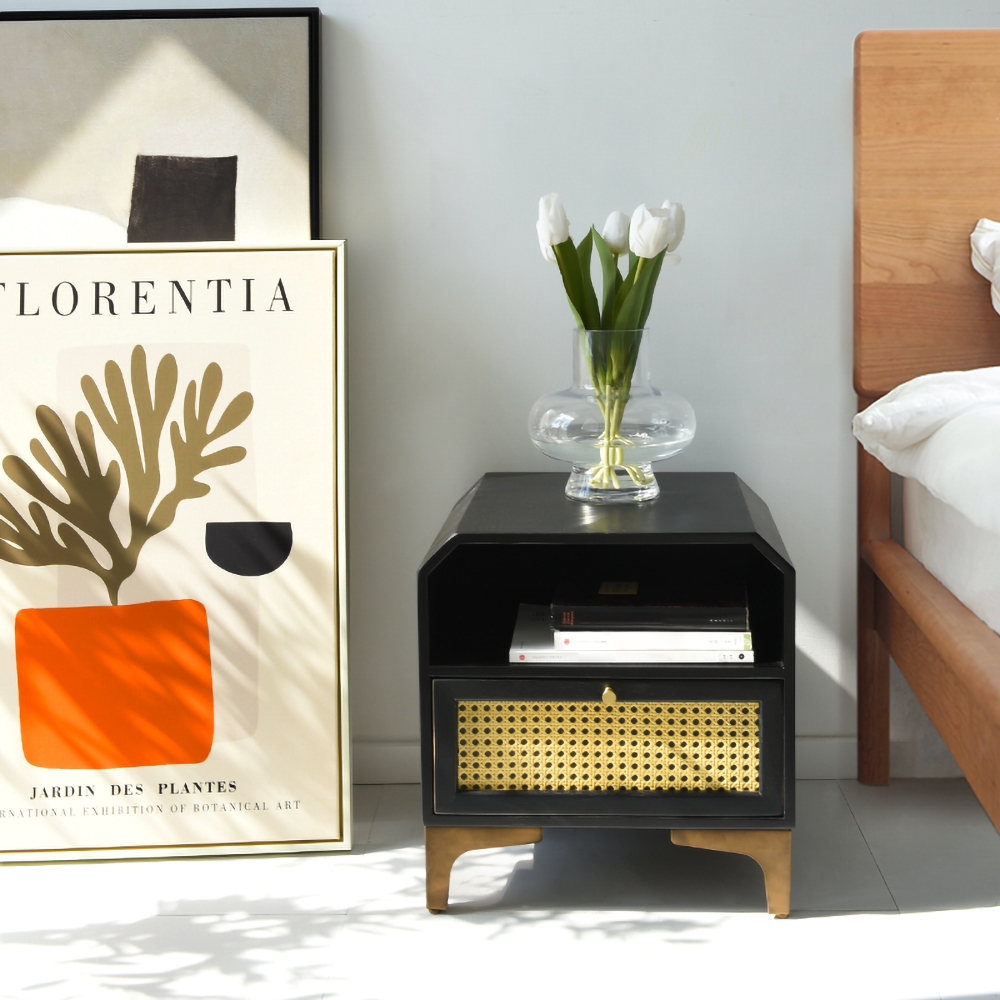 Table de chevet noire de style américain avec surface en rotin avec 1 tiroir Doré image de fenêtre