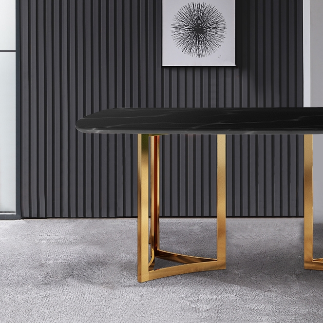 Modern 63" Rectangular Dining Table Faux Marble Top & Golden Base Black Marble Dining Table window image
