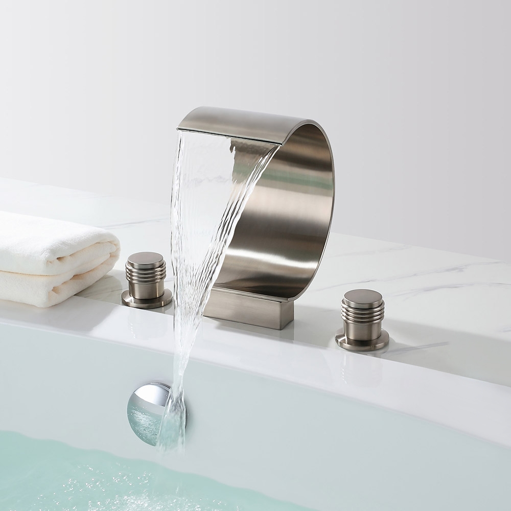 Mooni Contemporary 3-Hole Waterfall Spout Roman Bathtub Filler Tub Faucet in Brushed Nickel Solid Brass window image