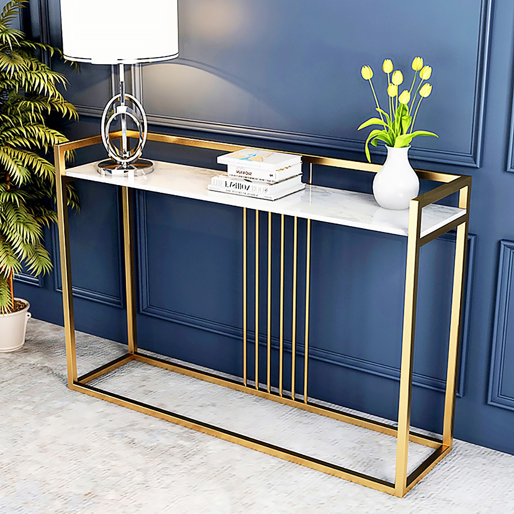 White Console Table Modern Narrow Faux Marble Console Table Rectangle Gold Finish window image