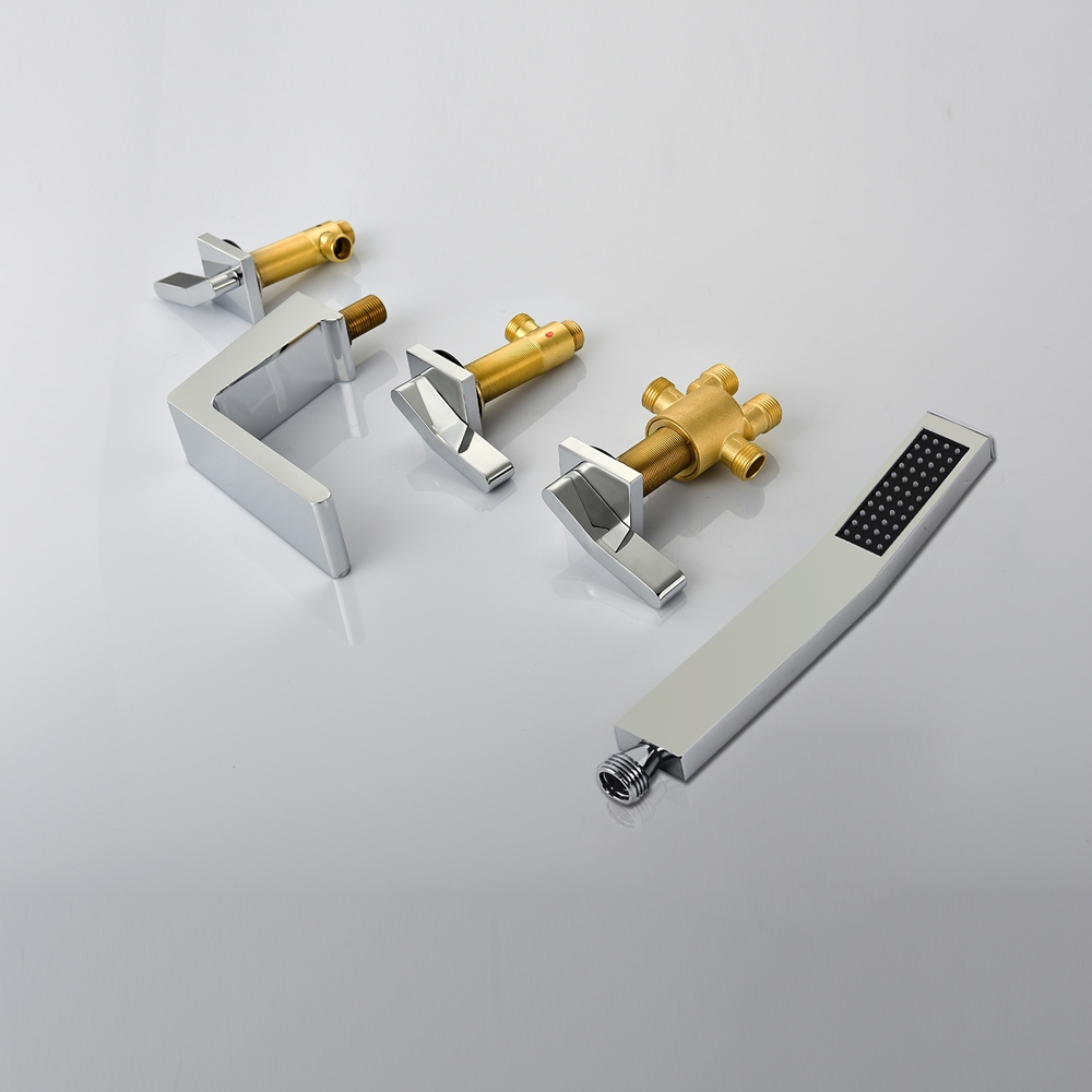 Rosa Deck Mounted Solid Brass Waterfall Roman Tub Faucet with Hand Shower in Polished Chrome window image