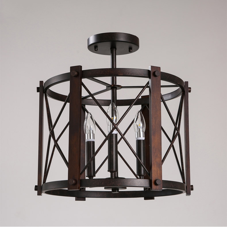 Retro Industrial 3-Light Drum-Shaped Metal & Wood Frame Semi Flush Ceiling Light in Rust window image