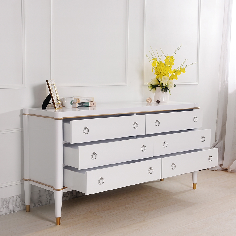 1500mm White Cabinet Glossy Bedroom Dresser with 6 Drawers in Gold window image