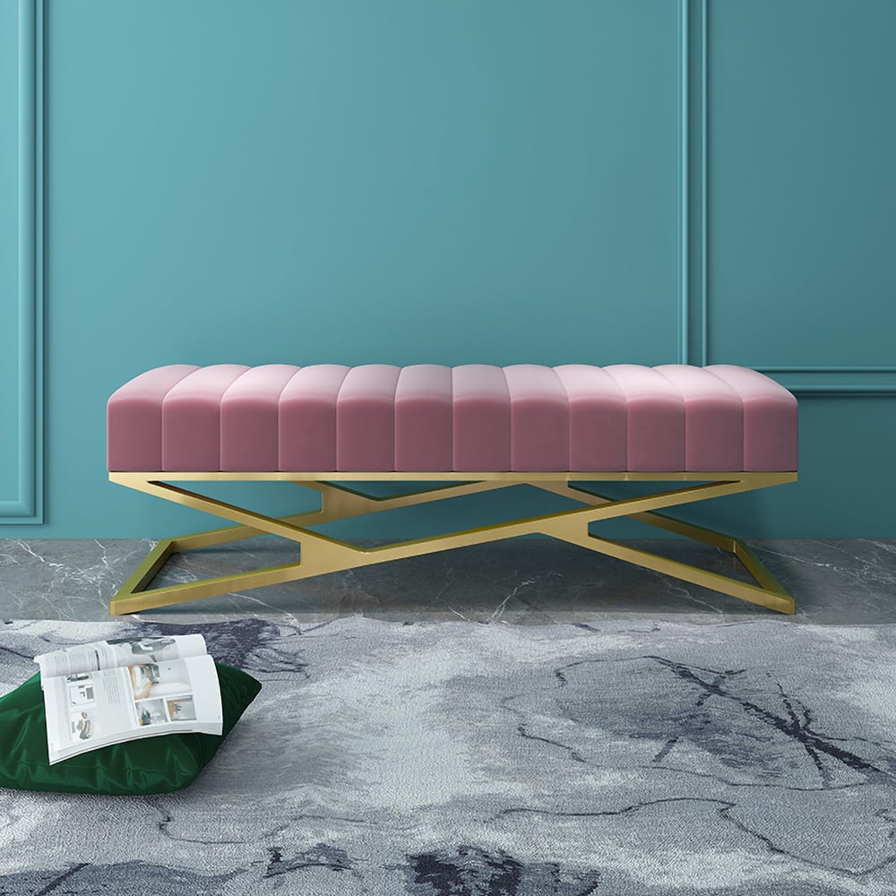 Modern Entryway Bench Pink Velvet Upholstered Ottoman Bench in Gold window image