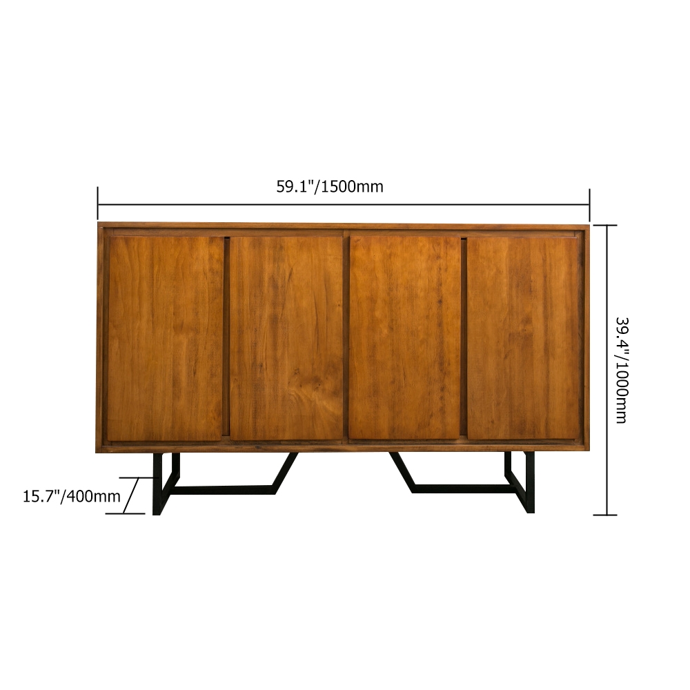 Cottage Walnut Sideboard Buffet Pine Wood Kitchen Cabinet with 4 Doors and 2 Shelves in Black window image