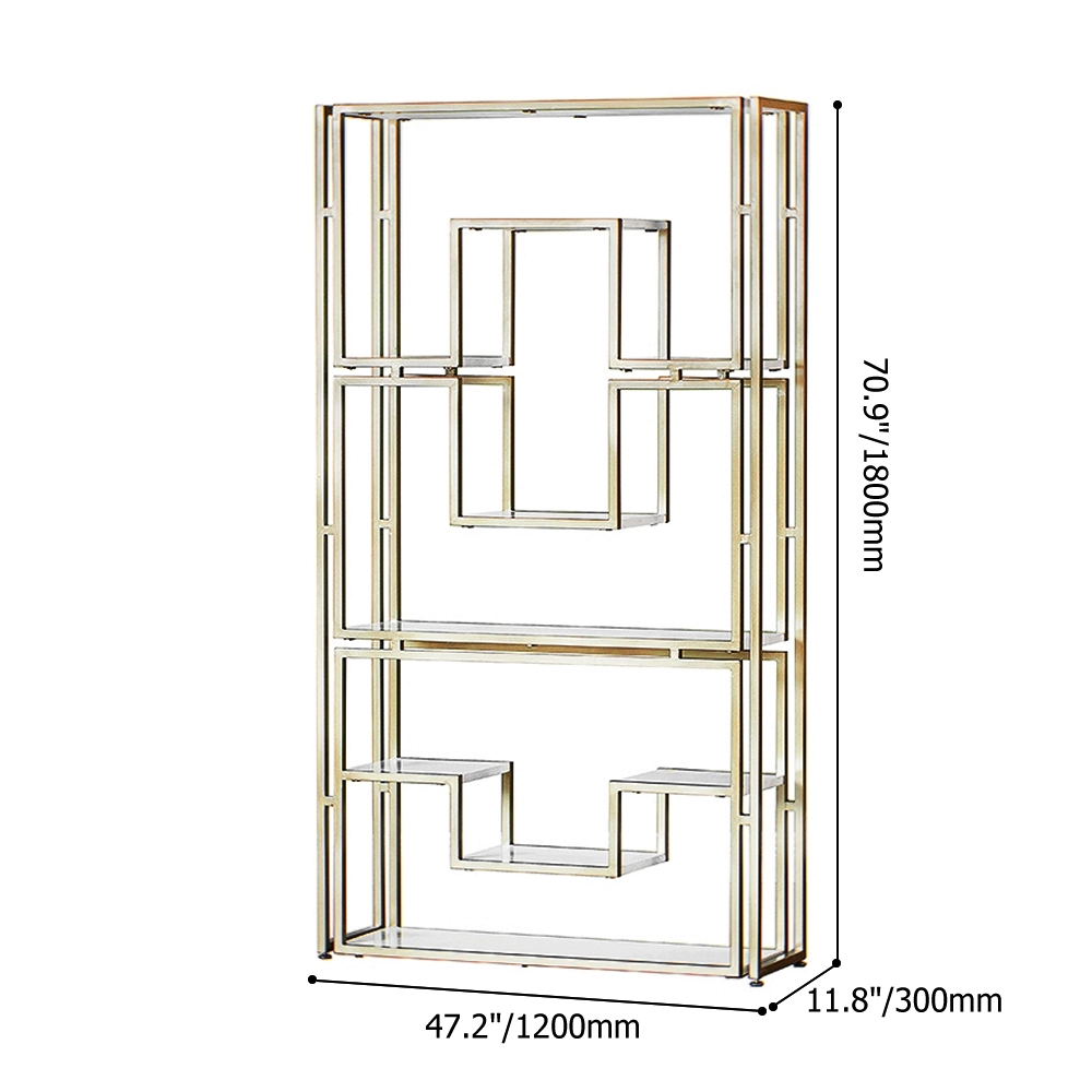 47.2'' Gold Modern Metal Etagere Bookshelf Freestanding Bookcase with  Wood Shelf window image