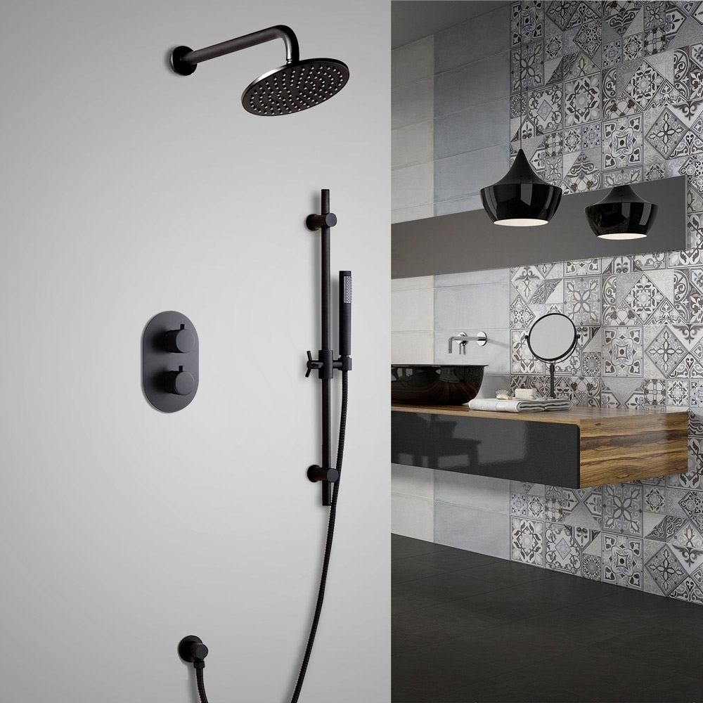 Modern Thermostatic 8 Inches Solid Brass Wall Mount Round Rainfall Shower and Slide Handheld Shower Set in Black Finish window image