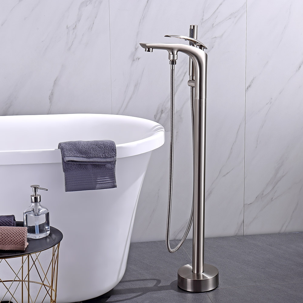 Modern Freestanding Tub Filler Faucet with Handshower Single Handle Brushed Nickel Solid Brass window image