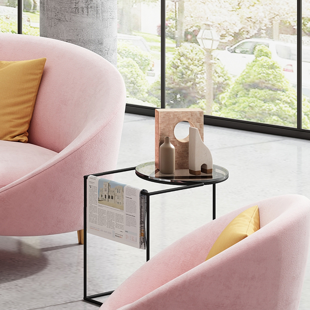 Modern Metal Side Table Black Side Table with Newspaper Rack window image