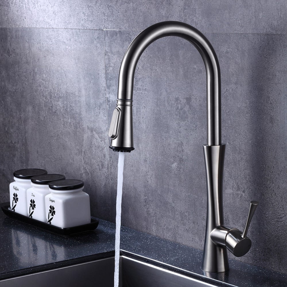 Moderne Monobloc Robinet Mitigeur de Cuisine Col de Cygne Pull Out Sprayer de 3-Fonctions Poignée Simple en Laiton Solide Nickel Brossé image de fenêtre