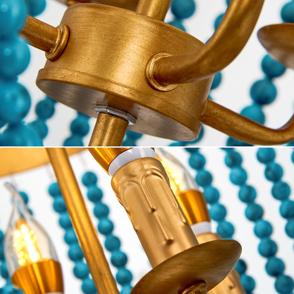Vintage Style Blue Turquoise Bead Strands & Gold Metal 4-Light Chandelier with Candle Light window image