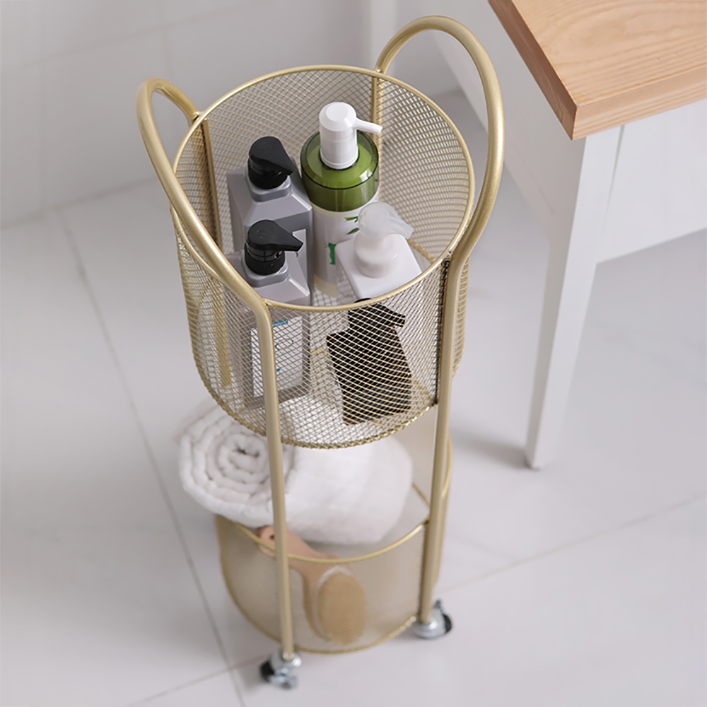 Gold Modern Metal Shelving for Bathroom Storage with 2-Tier Shelf and 4 Wheel window image