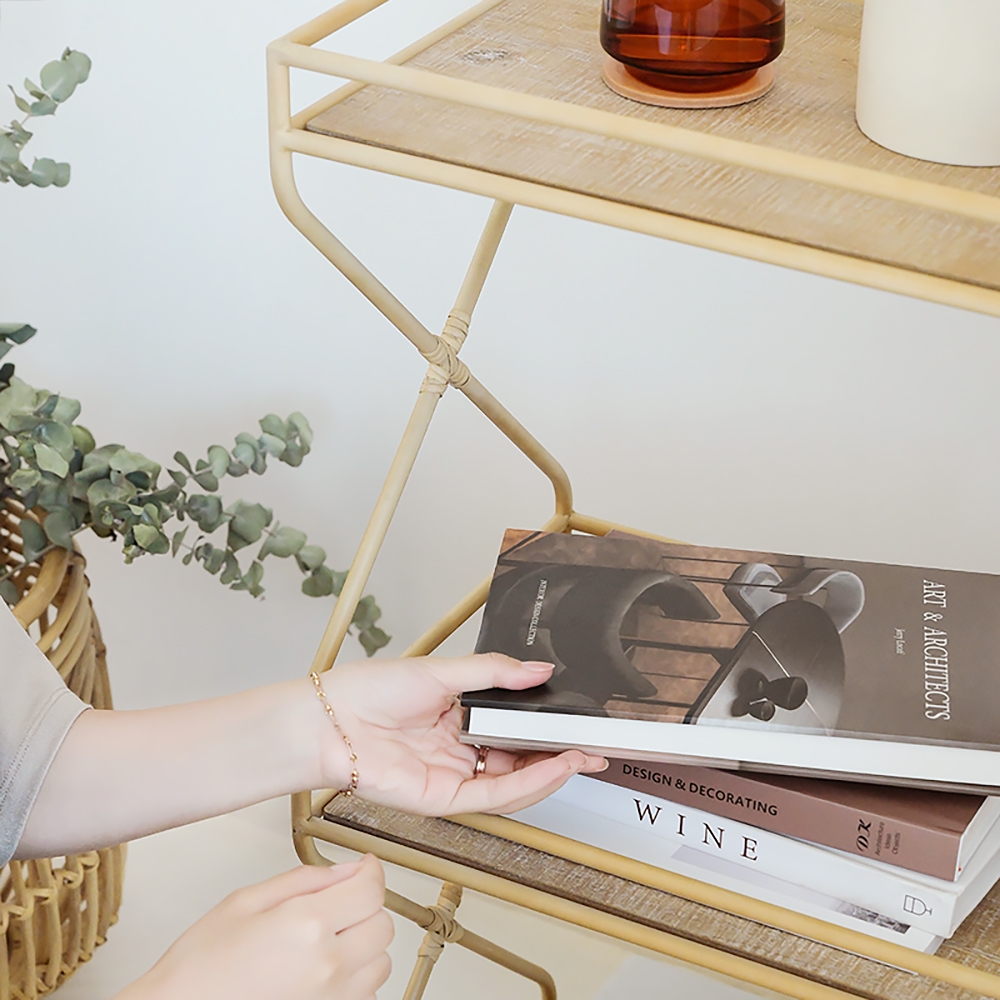 Natural Rectangular Bookshelf Modern Manufactured Wood&Metal Gold Bookcase with Shelves window image