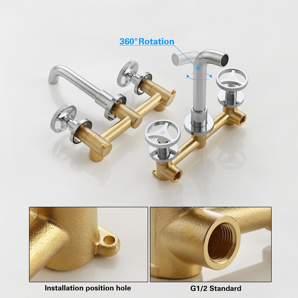 Ave Industrial Wall Mount Bathroom Mixer Tap 2 Wheel Handles Solid Brass in Chrome window image