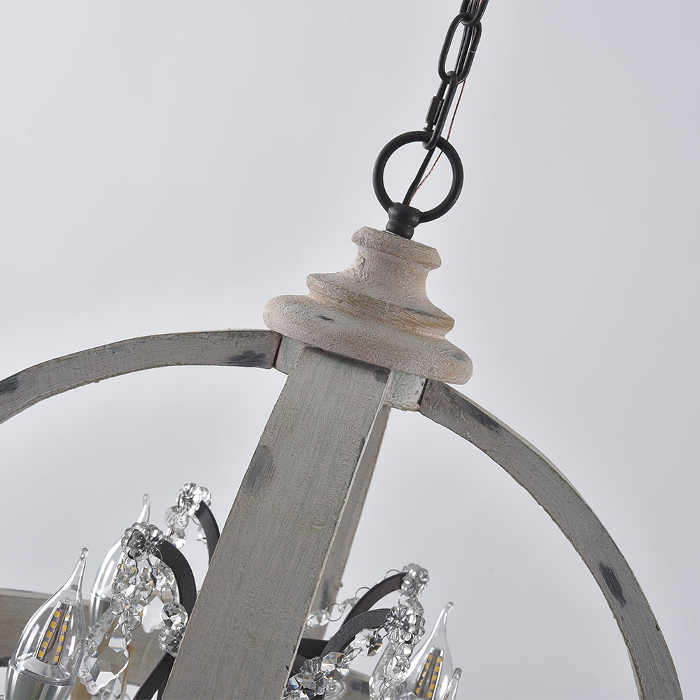 French Country Globe Chandelier 4-Light Wood Orb Crystal Chandelier Antique White window image