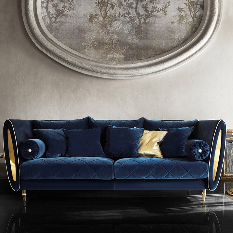 Modern Blue Velvet Upholstered Sofa 3-Seater Sofa Luxury Sofa with Pillows Solid Wood Frame Gold Legs window image