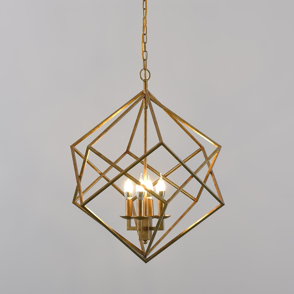 Modern Mid-Century Square Geometric Candle Chandelier 4-Light Antique Gold window image