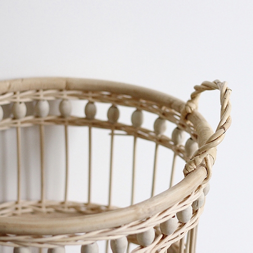 French Country Style Wood Bead Hollow Out Weave Rattan Storage Basket with Double Handles Cylindric Laundry Hamper in Beige window image