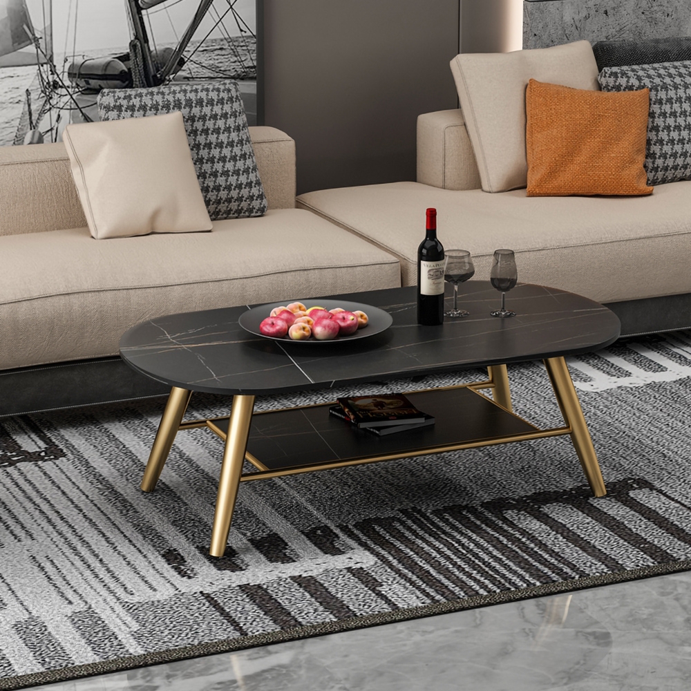 Black Coffee Table with Storage Marble Top Metal Frame window image